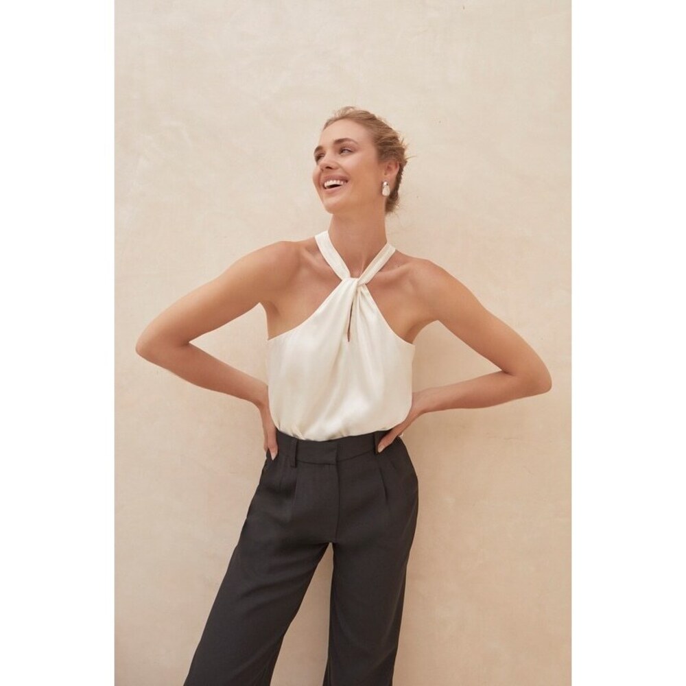 NWT Lulus Posh Attitude Ivory Satin Knotted Halter Bodysuit White - Size M